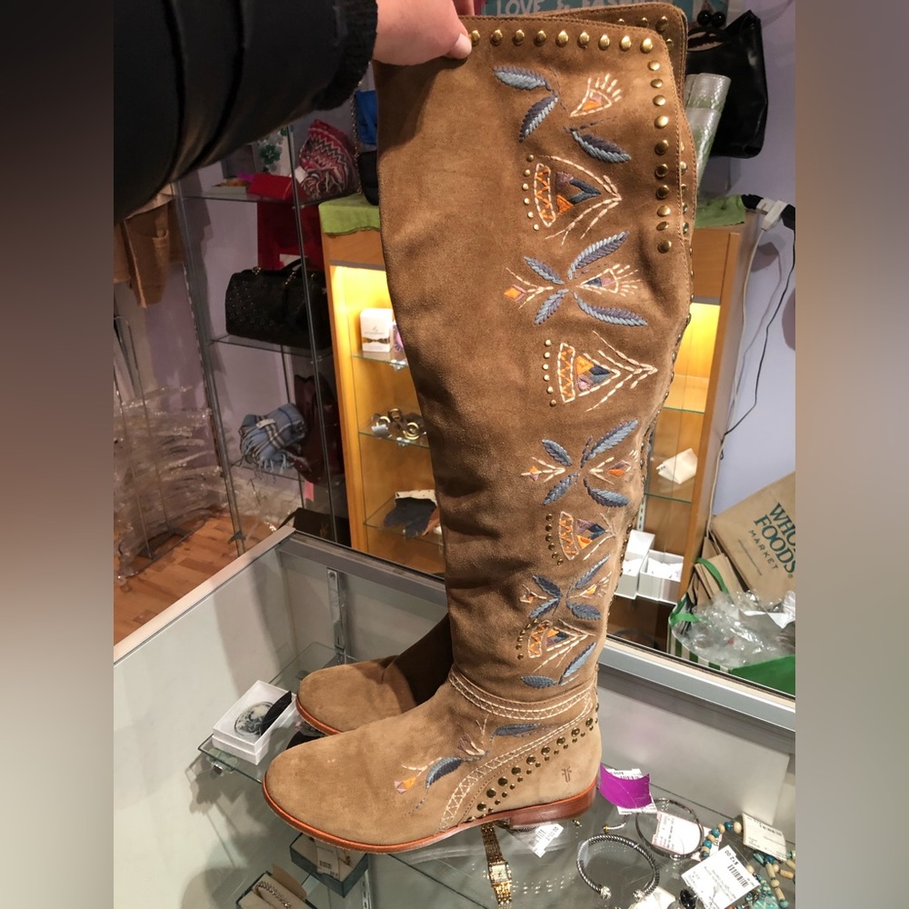 FRYE over the knee boots! Gray, taupe, tan, with multi color stitching! 🔥😍🔥😍